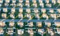 Aerial view of rows of suburban tract houses over Centerville, Maryland.