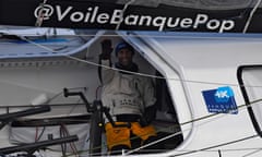 Armel Le Cléac'h on his yacht, at the  Vendée Globe finish line, 19 January 2017