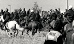 Mounted police charge through picket lines, in what became known as the Battle of Orgreave, June 1984.