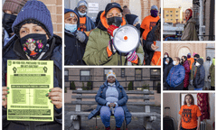A grid of images of protestors and people sitting and standing for portraits.