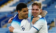 Emile Smith Rowe celebrates scoring with Morgan Gibbs-White.