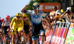 Emma Norsgaard of Movistar Team celebrates at finish line as stage winner during stage 6 of the 2023 Tour de France Femmes.