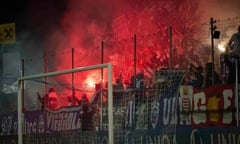 Austria Salzburg’s fans let off fireworks before the game against Red Bull Salzburg