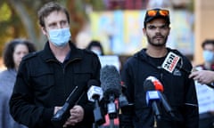 Black Lives Matter protest organiser Paddy Gibson and Paul Francis, a nephew of David Dungay Jr, speak to the media