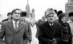 The TV presenter and political commentator Barrie Cassidy with the then Australian prime minster Bob Hawke, in Red Square on the way to the Kremlin, Moscow, Russia, in 1987. Cassidy presents the ABC program ‘Insiders’ in Australia.