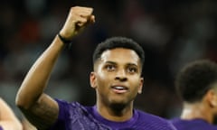 Rodrygo celebrates after scoring his second goal.