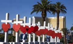 Las Vegas shooting aftermath, Nevada, USA - 05 Oct 2017<br>Mandatory Credit: Photo by USA TODAY Network/Sipa USA/REX/Shutterstock (9119995b) Artist Greg Zanis of Aurora, Illinois, constructed 58 crosses and drove across the country, arriving in Las Vegas Thursday afternoon,, to install them on Las Vegas Blvd to honor the people killed in the mass shooting. Zanis said he has created crosses for many of the recent national tragedies, Newtown, San Bernardino and now Las Vegas. Las Vegas shooting aftermath, Nevada, USA - 05 Oct 2017 He drove across the country, arriving in Las Vegas Thursday afternoon,, to install them on Las Vegas Blvd to honor the people killed in the mass shooting. Zanis said he has created crosses for many of the recent national tragedies, Newtown, San Bernardino and now Las Vegas. Mandalay Bay is in the background.