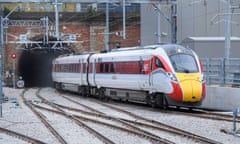 An LNER Azuma train arriving through the newly reopened third tunnel at London King’s Cross