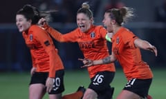 Glasgow City celebrate after beating Brondby on penalties in their Champions League last-16 tie last October.