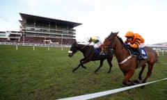 Thistlecrack, nearside, when we last saw him on a racecourse, being outfought by the gallant Many Clouds.