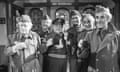 Dad's Army TV Show<br>Left to right Arnold Ridley (Private Godfrey), Clive Dunn (Corporal Jones), Arthur Lowe (Captain Mainwaring), Ian Lavender (Private Pike), John Laurie (Private Frazer) and John Le Mesurier (Sergeant Wilson) during an episode of the BBC comedy series 'Dad's Army' filmed on July 30, 1977. (Photo by McCarthy/Express/Getty Images)