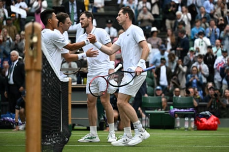 Rinky Hijikata and John Peers ar congratulated on their victory by Andy and Jamie Murray.