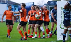 Ealing Trailfinders celebrate a try against Bedford last month