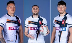 Salford’s Tyler Dupree and Warrington pair James Harrison and Matty Ashton pose in England jerseys