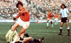 Dutch midfielder Johann Cruyff (left) on his way to scoring a goal against during the World Cup quarter-final between the Netherlands and Argentina, on 26 June 1974 in Gelsenkirchen. 