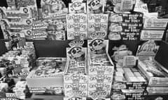 Pac-Man Merchandise<br>A retail display featuring Pac-Man candy and chewing gum at the Paramus Park Mall, New Jersey, USA, 14th August 1982. (Photo by Barbara Alper/Getty Images)