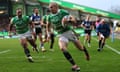 Mike Brown breaks clear of Bath to score Leicester’s second try