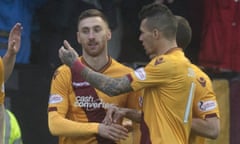 Motherwell v Cove Rangers - William Hill Scottish Cup Fourth Round<br>MOTHERWELL, SCOTLAND - JANUARY 09: Louis Moult of Motherwell (C) celebrates after scoring the opening goal during the William Hill Scottish Cup Fourth Round between Motherwell and Cove Rangers at Fir Park on January 9, 2016 in Motherwell, Scotland.  (Photo by Jeff Holmes/Getty Images)