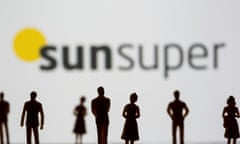 Small toy figures are seen in front of displayed SunSuper logo in this illustration