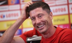 Robert Lewandowski at the press conference in Warsaw where he said he did not want to play for Bayern Munich any more.
