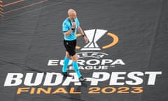 Referee Anthony Taylor after receiving his medal following the Europa League final between Sevilla and Roma in Budapest.