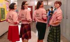 This image released by Paramount+ shows Tricia Fukuhara, from left, Marisa Davila, Cheyenne Wells and Ari Notartomaso from the series "Grease: Rise of the Pink Ladies."