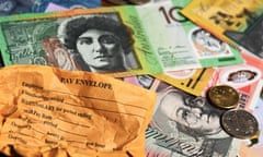 Australian currency and a wages envelope