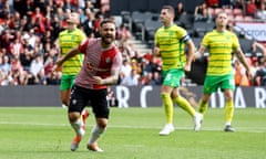 Adam Armstrong celebrates scoring Southampton’s late equaliser against Norwich in the Championship.