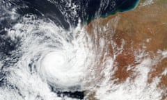 Satellite image released by NASA shows Tropical Cyclone Seroja hitting the coast of Western Australia. 