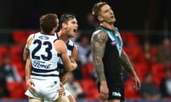 Tom Hawkins of the Cats celebrates a goal during the win over Port Adelaide.