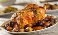 A roast chicken dinner with roasted veg