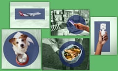 Composite image showing a plane, a dog, a lightbulb, a food scraps bin, and a card payment