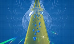 An illustration showing blue spherical particles within a yellow cylindrical pathway surrounded by the outline of a circular frame