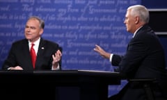 Vice Presidential Debate Between Gov. Mike Pence And Sen. Tim Kaine<br>FARMVILLE, VA - OCTOBER 04: Democratic vice presidential nominee Tim Kaine (L) and Republican vice presidential nominee Mike Pence (R) speak during the Vice Presidential Debate at Longwood University on October 4, 2016 in Farmville, Virginia. This is the second of four debates during the presidential election season and the only debate between the vice presidential candidates. (Photo by Win McNamee/Getty Images)