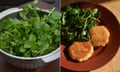 Rachel Roddy’s potato, parmesan and salami cakes served with a seasonal watercress salad.