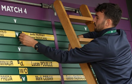 Andy Murray and Emma Raducanu’s names are removed from the order of play board as Raducanu announces her withdrawal from the mixed doubles during day six of Wimbledon 2024.