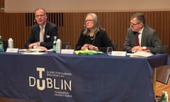 Chair of Ireland’s Electoral Commission, Marie Baker, flanked by chief executive Art O'Leary, left, and Tim Carey, head of electoral operations, at the launch of the campaign in Dublin.