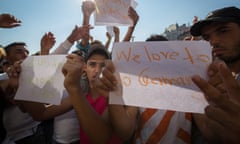 migrants protest in central Budapest after it was closed to migrants in September 2015.