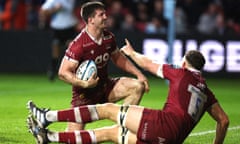 Ben Curry celebrates scoring a try for Sale in their win over Bristol