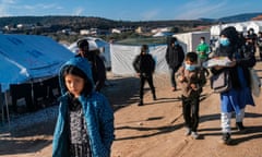 A group of migrants at the temporary refugee camp at Mavrovouni, Lesbos