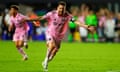 Lionel Messi celebrates his winning goal against Cruz Azul in his Inter Miami debut