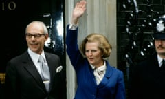 Prime minister Margaret Thatcher, with husband Denis Thatcher, waves to well-wishers outside Number 10 Downing Street following her election victory, on May 4, 1979 in London, England.