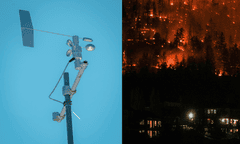 Left: An air quality monitor under a blue sky. Right: A forest fire at night