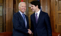Joe Biden and Justin Trudeau shake hands in 2016, when Biden was vice-president to Barack Obama.