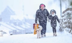 Two people and a dog walking in a snowstorm.