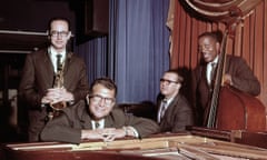 Dave Brubeck Quartet Portrait<br>1959: Jazz pianist Dave Brubeck poses for a portrait with the Dave Brubeck Quartet which included Paul Desmond on saxophone, Eugene Wright on bass and Joe Morello on drums in 1959. (Photo by Michael Ochs Archives/Getty Images)