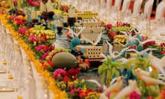 Food sculptures are placed on the table ahead a welcome banquet for the Belt and Road Forum at the Great Hall of the People in Beijing, on May 14, 2017. China touted its new Silk Road as “a project of the century” at a summit highlighting its growing leadership on globalisation, but a North Korean missile test threatened to overshadow the event. / AFP PHOTO / POOL / WU HONGWU HONG/AFP/Getty Images