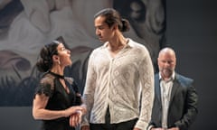 Sirine Saba, Nathaniel Curtis, and Nigel Barrett in Britannicus.