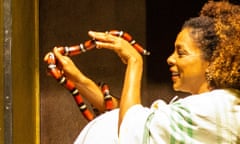 Sophie Okonedo, who stars opposite Ralph Fiennes in Antony and Cleopatra, spends a moment with milk snake Pork Pie