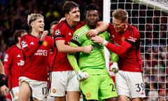 Manchester United celebrate after André Onana’s late penalty save against Copenhagen